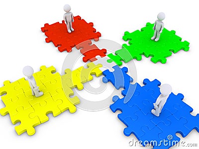 Special puzzle piece joins four people Stock Photo