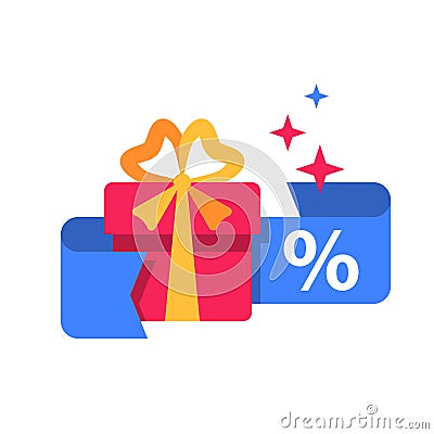 Special reward, prize giveaway, loyalty present, percentage sign, incentive or perks, bonus program Vector Illustration