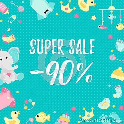 Special sale poster with baby shower elements Vector Illustration