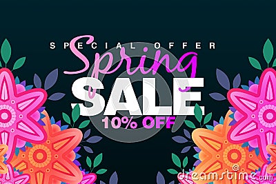 Special Spring sale 10% Off banner with paper flowers on a dark background. Illustration perfect for promotions, advertising, web Stock Photo