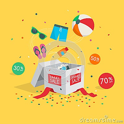 Special summer sale symbol with open gift, flying goods and confetti Vector Illustration