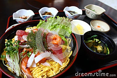 Special sushi sashimi of tuna, squid, salmon and lettuce Stock Photo