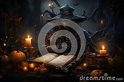 Scary, evil grinning Halloween creature. In the dark background a spooky chamber, candles, pumpkins, a secret book. Stock Photo