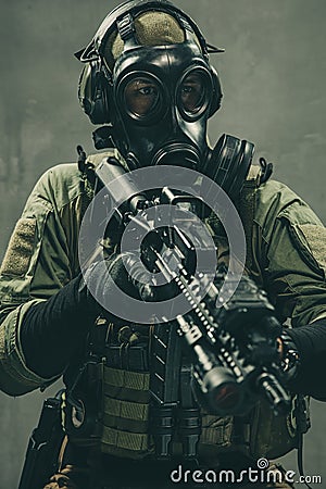 Special unit soldier with gasmask and tactical equipment Stock Photo