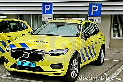 Special urgent cars for doctors to drive to patients, driven bij specialized taxi drivers in Gouda, the Netherlands. Editorial Stock Photo