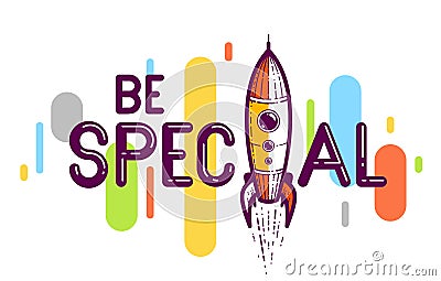 Special word with rocket instead of letter I. Vector Illustration