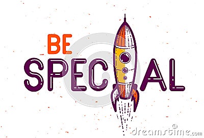 Special word with rocket instead of letter I. Vector Illustration