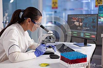 Specialist doctor analyzing virus expertise using microscope Stock Photo