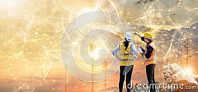 Specialist Engineers team analysis global network and data customer connection on big structure background, telecom and Stock Photo