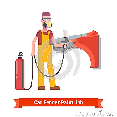 Specialist spray painting auto fender Vector Illustration