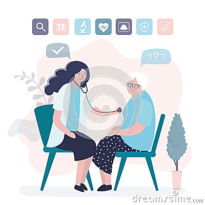 Specialist with stethoscope listens to patient's heartbeat. Elderly woman at reception of therapist Vector Illustration