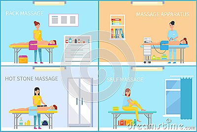 Medical Massage in Massaging Cabinet Cartoon Set Vector Illustration