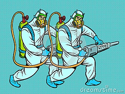 Specialists disinfect in protective suits Vector Illustration