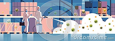 Specialists in hazmat suits cleaning and disinfecting coronavirus cells epidemic MERS-CoV concept warehouse interior Vector Illustration