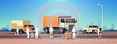 Specialists in hazmat suits cleaning disinfecting coronavirus cells epidemic MERS-CoV concept wuhan 2019-nCoV pandemic Vector Illustration