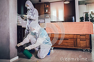 Specialists in protective suits do disinfection or pest control Stock Photo