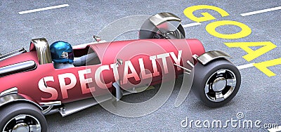 Speciality helps reaching goals, pictured as a race car with a phrase Speciality on a track as a metaphor of Speciality playing Cartoon Illustration