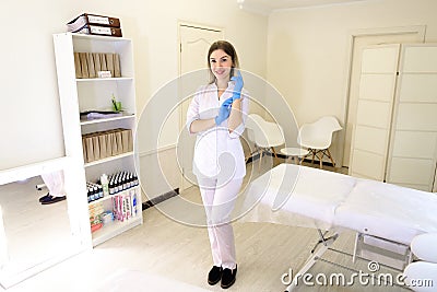 Specialized beautician girl prepares for beginning of working da Stock Photo