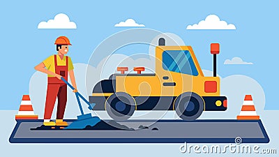 A specialized paving machine lays down a smooth and even layer of asphalt while a worker follows closely behind using Vector Illustration