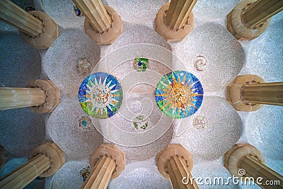 Specifications of the famous Park Guell's ceilling decorations in Barcelona Editorial Stock Photo