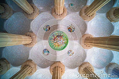 Specifications of the famous Park Guell's ceilling decorations in Barcelona Editorial Stock Photo