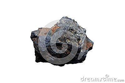 Specimen of raw psilomelane mineral rock isolated on white background. Hard black manganese oxides. Stock Photo