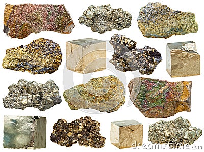 Specimens of pyrite rocks isolated on white Stock Photo