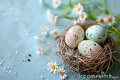 Speckled Easter eggs nestled in a natural nest among white daisies on a blue surface create a vibrant spring scene Stock Photo