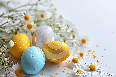 Speckled vibrant colored eggs amidst a scattering of daisies and flowers on a blue surface, hinting at Easter's Stock Photo