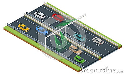 SPECS, average speed measuring speed camera system. Average speed cameras on freeway. SPECS cameras operate as sets of Vector Illustration