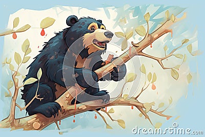 spectacled bear nibbling on a tree branch Stock Photo