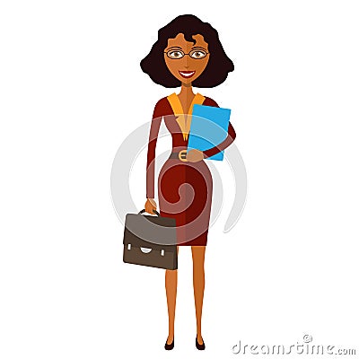Spectacled good-looking African american business-lady. Bespectacled business-woman ready for work flat cartoon vector Vector Illustration