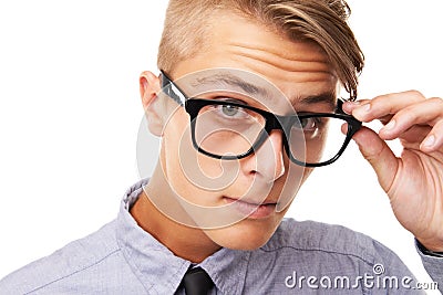 Spectacles, vision and portrait of man in a studio with confused, doubt or squinting facial expression. Optometry Stock Photo