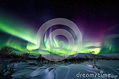 spectacular aurora borealis and australis showing off their full splendour above snow-covered landscape Stock Photo