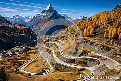 Spectacular autumn landscape of maloja pass, switzerland serpentine road in swiss alps Stock Photo