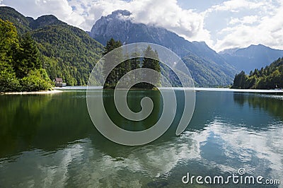 Spectacular, beautiful sunrise over Lake Laghi di Fusine Stock Photo