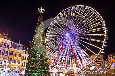 Spectacular Christmas tree and carousel in amazing Bruges Belgium Stock Photo