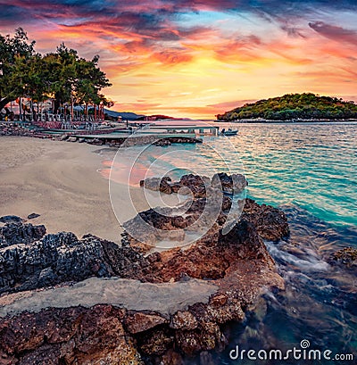 Spectacular evening seascape of Ionian sea. Marvelous outdoor scene of Butrint National Park, Albania, Europe. Stock Photo