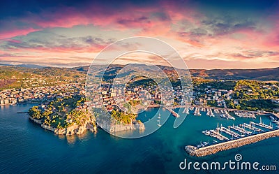 Spectacular evening view from flying drone of Agropoli port. Stock Photo