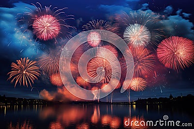 Spectacular Fireworks Display Over Calm Lake Stock Photo