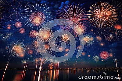 Spectacular Fireworks Display Over Calm Lake Stock Photo