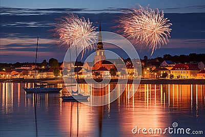 Spectacular Fireworks Illuminate the Charming Town with Dazzling Colors Stock Photo