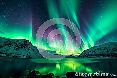 Spectacular Green and Purple Aurora Borealis Reflecting on Lake, Beautiful northern lights phenomenon in a star-filled night, AI Stock Photo