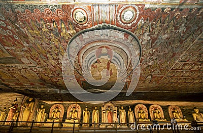 The interior of Cave Two including ceiling murals at Dambulla Cave Temples in Sri Lanka. Editorial Stock Photo