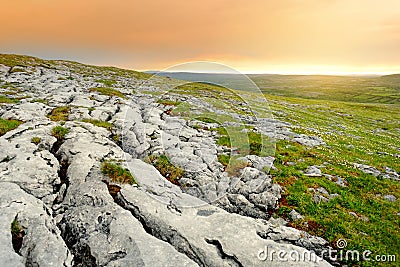 Spectacular landscape of the Burren region of County Clare, Ireland. Exposed karst limestone bedrock at the Burren National Park Stock Photo