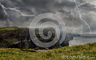 Spectacular Lightning storm in Cliffs of Moher. Ireland`s Coast Stock Photo