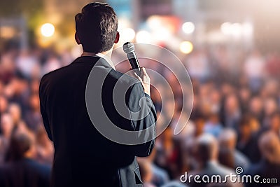 Spectacular male politician speaks on stage in front of crowds Stock Photo