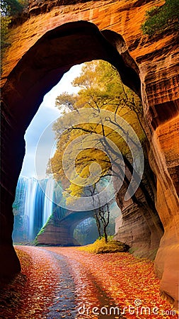 Spectacular Natural Arch Formation at autumn illustration Artificial Intelligence artwork generated Cartoon Illustration