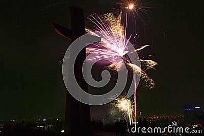 Spectacular New Year`s Eve fireworks display at Gradowa hill at Gdansk. Editorial Stock Photo