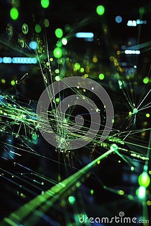 Spectacular quantum entanglement network visualization featuring intricate particle streams connecting paired qubits Stock Photo